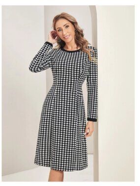 Women's Emery Rose Long-Sleeve Houndstooth Dress - Size Large